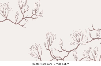 Magnolia blooming. Spring background with flowers and brunch. Detailed botanic floral collection for Valentines day invitation, wallpaper art or save the date card