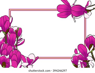 Magnolia blooming tree frame. Vector illustration.