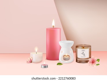 Magnolia Blossom Candle Aromatherapy Concept Background with Lamp Aroma Therapy and Flower for Advertising. Vector illustration