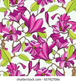 Magnolia blossom colorful seamless pattern on white background