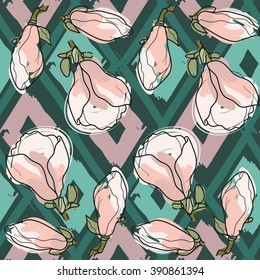 Magnolia blossom on geometric pattern.Seamless vector pattern.