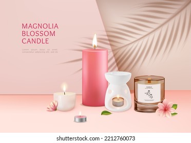 Magnolia Blossom Scented Candle Ads Banner Concept Poster Card with Lamp Aroma Therapy and Palm Branch Leaf Overlay. Vector illustration