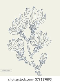 Magnolia blossom, tree branch flowers with dot and line. Vector artwork. Love bohemia concept for wedding invitation card, ticket, branding, boutique logo label. Monochrome dark grey blue, beige color