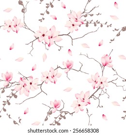 Magnolia blossom trees seamless vector pattern 