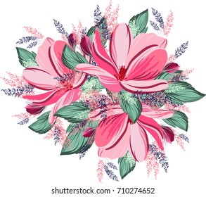  Magnolia bouquet of flowers for bridal shower or wedding invitation template floral wreath Vector