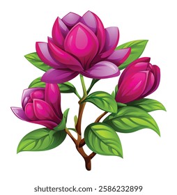 Magnolia branch with blooming purple flower and buds. Vector cartoon illustration