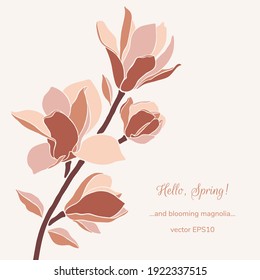 Magnolia branch with blossoming flower buds, modern minimalist art. Style floral collage in pastel color palette. Illustration for invitation, greeting card, poster, banner, wall design. Vector.