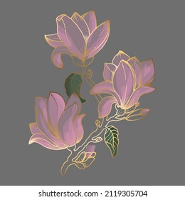 Rama de Magnolia dorada, color de agua tierno rosa. Rama con hojas y flores. Brillo de oro. archivo vectorial.