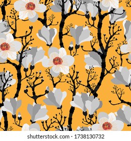 Magnolia branches and flowers vector seamless pattern for decoration, packaging, textile.