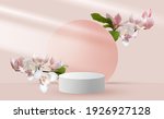 Magnolia branches vernal flower tree blossom and 3d pink scene rendering with podium. Minimal pink Mother