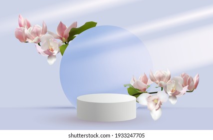 Magnolia branches vernal flower tree blossom and 3d scene rendering with podium. Minimal pink Mother's Day scene platform, stage scene for cosmetic product show. International Women's day card.