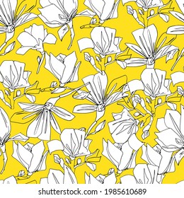 Patrón de brotes de magnolia. Grandes flores primaverales. libro de colorear para niños y adultos. Para papel pintado, diseño, coloreado, textiles, papel. Gráficos de material, aislar.