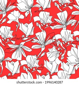 Patrón de brotes de magnolia. Grandes flores primaverales. libro de colorear para niños y adultos. Para papel pintado, diseño, coloreado, textiles, papel. Gráficos de material, aislar.