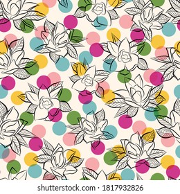 Magnolia bush floral with confetti polka dots. Vector repeat. Great for wrapping, scrapbooking, gift, apparel, wedding, invitations.