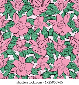 Magnolia bush flowers. Vector repeat. Great for wrapping, scrapbooking, gift, apparel, wedding, invitations.