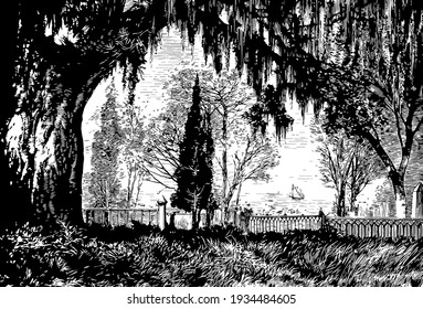 Magnolia Cemetery, vintage engraved illustration. 