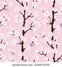 Magnolia or cherry blossom flowers on pink. Romantic spring background. Vector illustration.