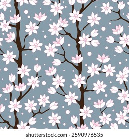 Magnolia or cherry blossom flowers on grey. Romantic spring background. Vector illustration.