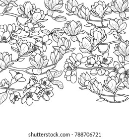 Magnolia and cherry outline spring pattern. Floral romantic spring composition for mock ups, invitation, greeting cards, valentines, coloring pages with text place.