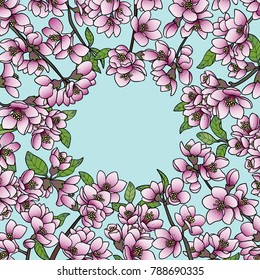 Magnolia and cherry outline spring round frame pattern. Floral romantic spring composition for mock ups, invitation, greeting cards, valentines with text place.