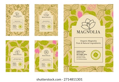 Conjunto de etiquetas florales de magnolia con patrones y logotipos para belleza, cuidado de la piel, empaquetado orgánico de la marca, etc. en Ilustración vectorial