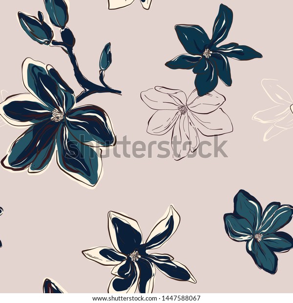 ベクター画像に現代の植物の花柄 ピンクの背景に柔らかい青の緑の花 花の植物学 のベクター画像素材 ロイヤリティフリー