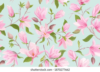 Magnolia floral seamless vector pattern. Watercolor magnolia flowers, leaves, petals, blossom background. Spring and summer wedding japanese wallpaper, for fabric, prints, invitation, backdrop, cover