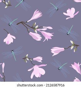 Patrón vectorial sin costuras florales de Magnolia. Flores de dragón, flores de magnolia de verano, fondo de flor. Papel de fondo japonés para bodas de primavera, para tela, impresiones, invitación, fondo, cubierta