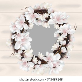 Magnolia floral wreath frame card Vector. Place for texts