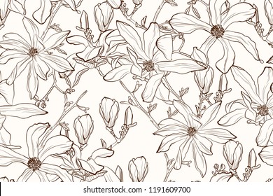 Magnolia flower brown sepia outline seamless pattern on beige background. Seamless vector background. Vintage illustration. Blooming tree. Brown background.