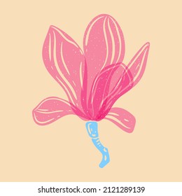 Magnolia Flower. Colorful Cute Screen Printing Effect. Riso Print Effect. Vector Illustration. Graphic Element  For Fabric, Textile, Clothing, Wrapping Paper, Wallpaper