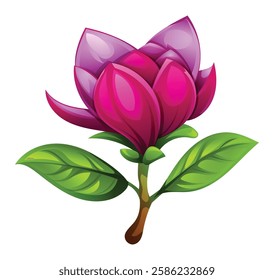 Magnolia flower with delicate purple petals and green leaves. Vector cartoon illustration isolated on white background