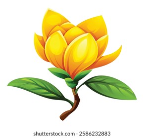 Magnolia flower with delicate yellow petals and green leaves. Vector illustration isolated on white background