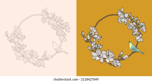 Magnolia flower frame with circular border and bird