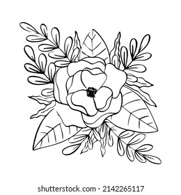 Magnolia flower with leaves. Vector illustration. Black drawing isolated on white background.