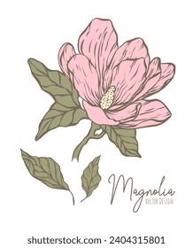 Magnolia flower line illustration. Handdrawn contour outline of wedding herb, elegant leaves for invitation save the date card. Botanical trendy greenery vector collection for web, print, posters.