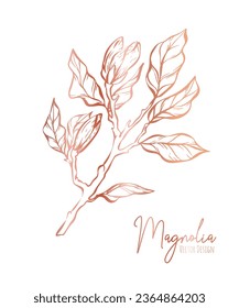 Magnolia flower line illustration set. Hand drawn rose gold outline wedding herb, elegant leaves for invitation save the date card. Botanical trendy greenery vector collection for web, print, posters.