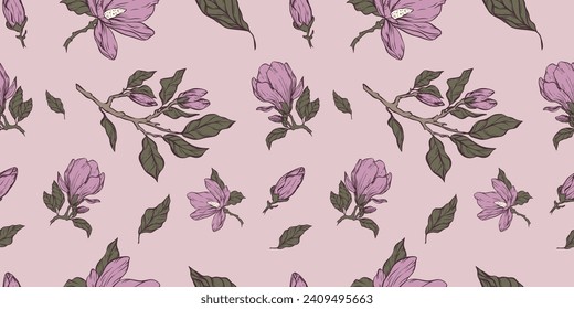 Magnolia flower line seamless pattern. Hand drawn colored wedding herb ornament, elegant leaves for invitation save the date card, greeting cards, print on fabric, wallpapers, scrapbooking, gift wrap.