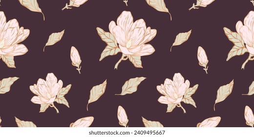 Magnolia flower line seamless pattern. Hand drawn colored wedding herb ornament, elegant leaves for invitation save the date card, greeting cards, print on fabric, wallpapers, scrapbooking, gift wrap.