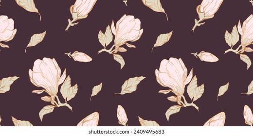 Magnolia flower line seamless pattern. Hand drawn colored wedding herb ornament, elegant leaves for invitation save the date card, greeting cards, print on fabric, wallpapers, scrapbooking, gift wrap.
