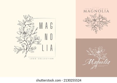 Logo de la flor de Magnolia y ramificación. Hierba de bodas de la línea trazada a mano, hojas elegantes para invitación salven la tarjeta de fecha. Rústico botánico