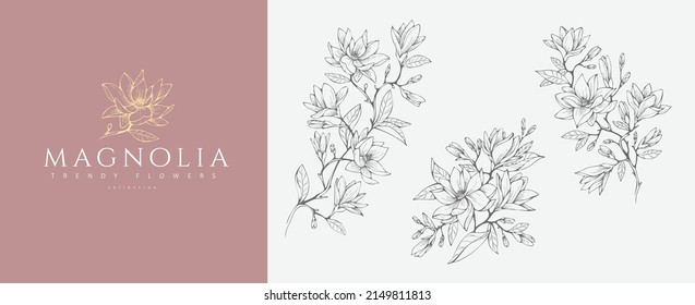 Logo de la flor de Magnolia y ramificación. Hierba de bodas de la línea trazada a mano, hojas elegantes para invitación salven la tarjeta de fecha. Colección de vectores de vegetación botánica rústica de moda