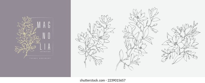 Magnolia flower logo and branch set. Hand drawn line wedding herb, elegant leaves for invitation save the date card. Botanical rustic