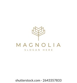 Magnolia flower logo with minimalist outline linear gold luxury design style