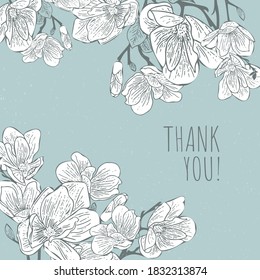 Magnolia flower pattern illustration in sketchy art style. Retro thank you for the greeting card.  Flat vector with a vintage background. Great for printing, gift cards, stationery...