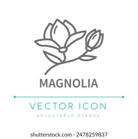 Magnolia-Blütenduft-Linie-Symbol, Lebensmittel-Geschmackssymbol, Kerzen- und Seifenduft-Vektorgrafik-Symbol, Kosmetik-Parfüm-Zutaten-Logo-Label 