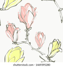 Magnolia flower seamless pattern background design. Yellow, beige, coral color and pink flowers on white backdrop. Hand drawing digital watercolor pattern.