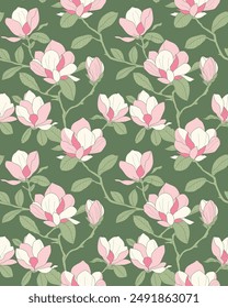 Magnolia flower. Seamless pattern for decorating fashion designs, fabrics, wallpapers and prints on a dark background.