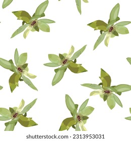 Magnolia Flower Seamless Pattern. Green yellow magnolia flowers on white background.