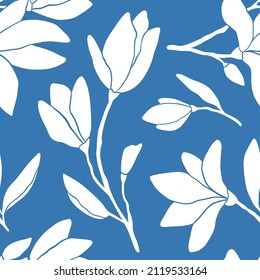 Magnolia flower silhouette seamless patterns  Spring summer graphic design  Hand drawn simple white flowers bright blue  Modern   original botany texture  Vibrant colors  Floral vector 